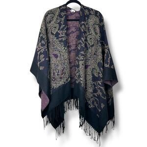 Indigo Soul Purple Brown Printed Fringe Poncho Wrap Kimono Sweater Shawl OS